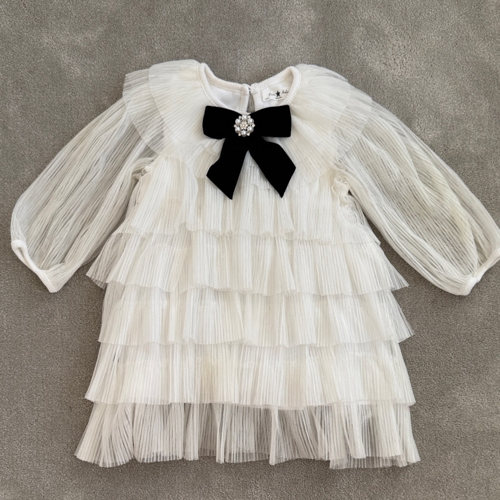 Petite Hailey girls White Tiered Dress with Black Bow, size 2T
